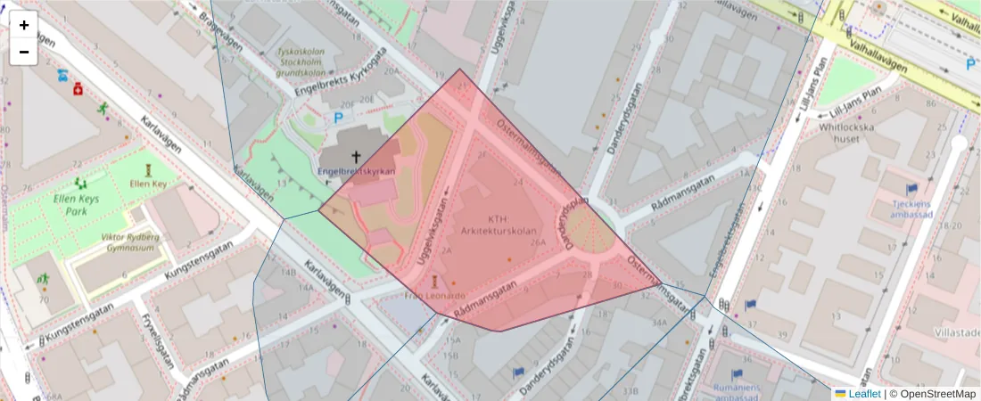 Karta över postnummerområdet  och angränsande postnummer i Sverige