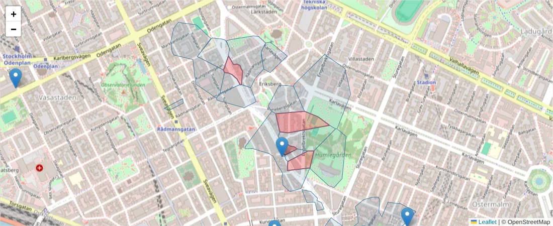 Karta över postnummerområdet  och angränsande postnummer i Sverige