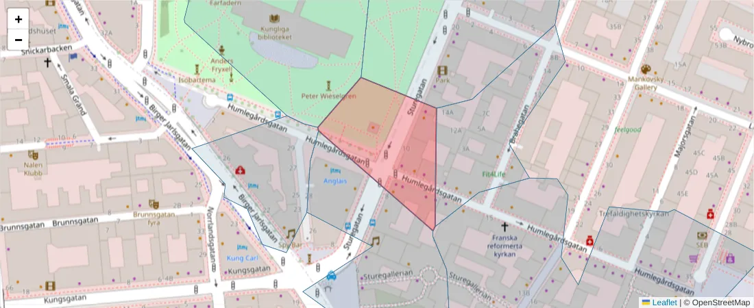 Karta över postnummerområdet  och angränsande postnummer i Sverige