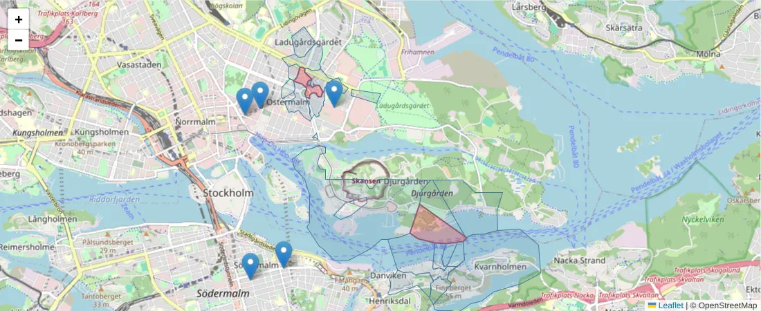 Karta över postnummerområdet  och angränsande postnummer i Sverige