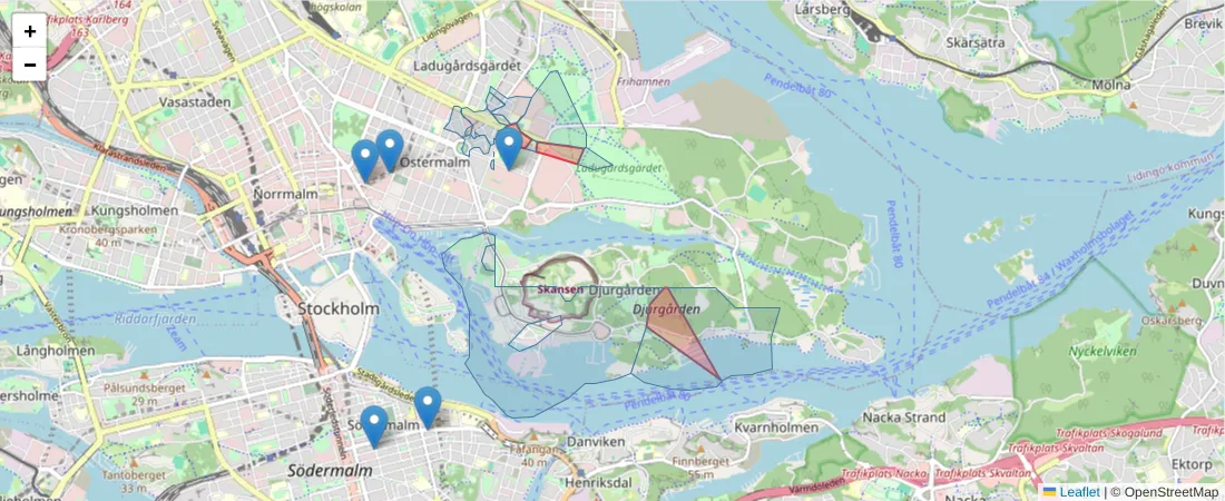 Karta över postnummerområdet  och angränsande postnummer i Sverige