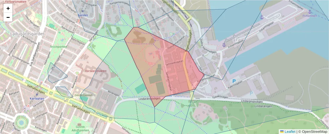 Karta över postnummerområdet  och angränsande postnummer i Sverige