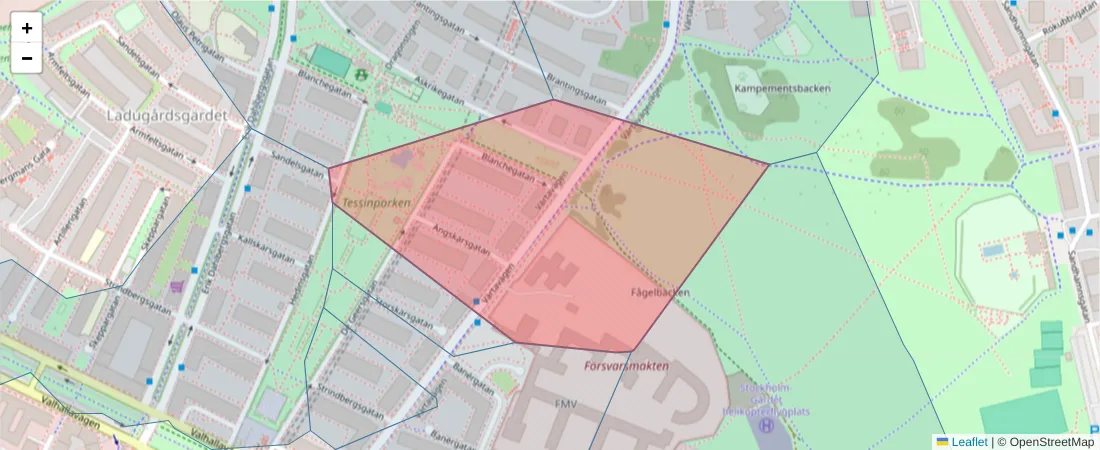 Karta över postnummerområdet  och angränsande postnummer i Sverige