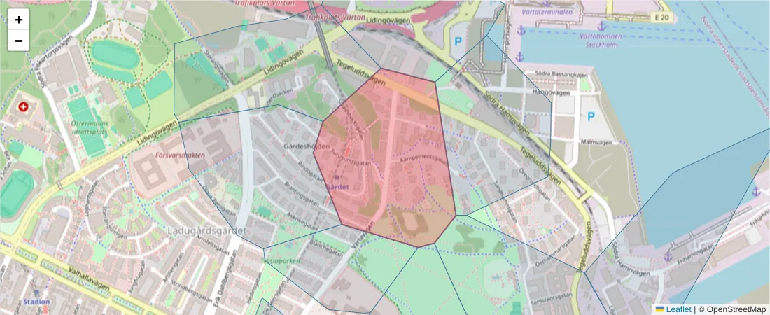 Karta över postnummerområdet  och angränsande postnummer i Sverige