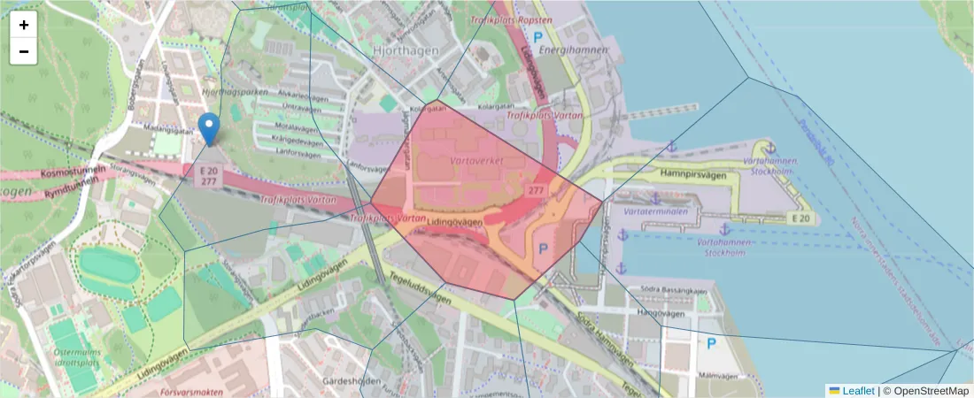 Karta över postnummerområdet  och angränsande postnummer i Sverige