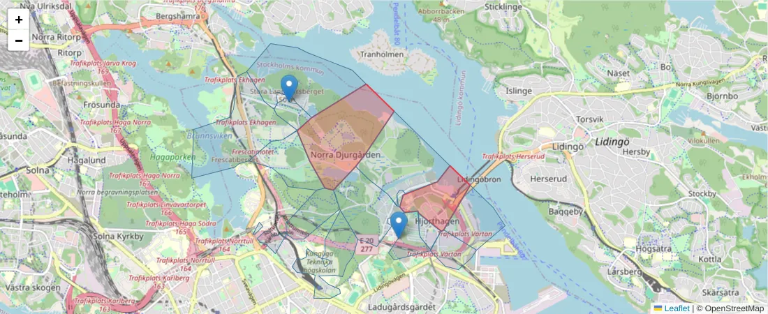 Karta över postnummerområdet  och angränsande postnummer i Sverige
