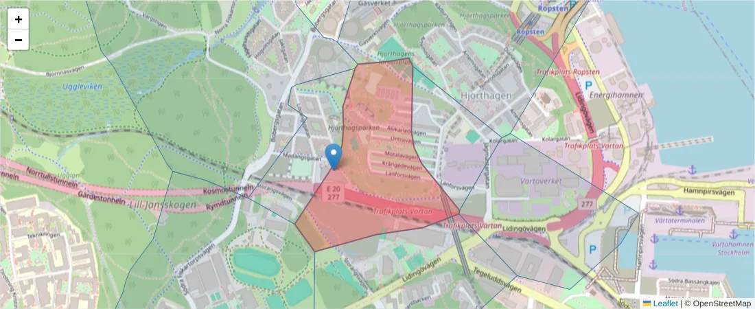 Karta över postnummerområdet  och angränsande postnummer i Sverige