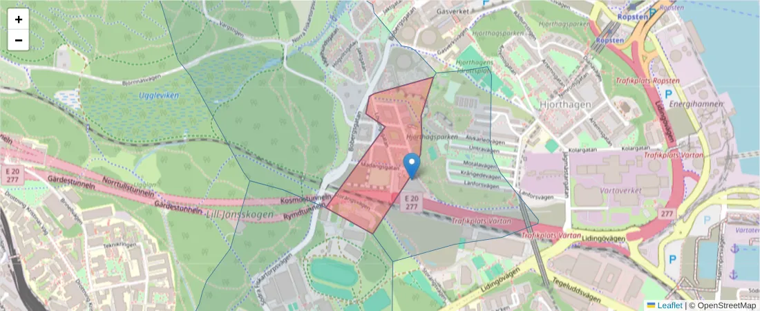 Karta över postnummerområdet  och angränsande postnummer i Sverige