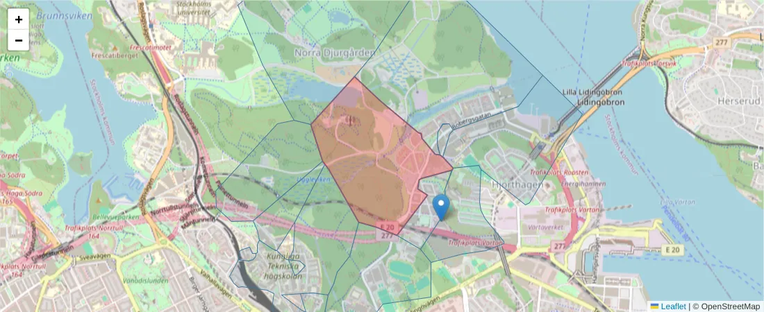 Karta över postnummerområdet  och angränsande postnummer i Sverige