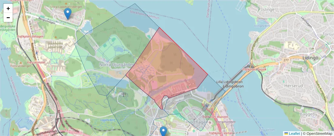 Karta över postnummerområdet  och angränsande postnummer i Sverige