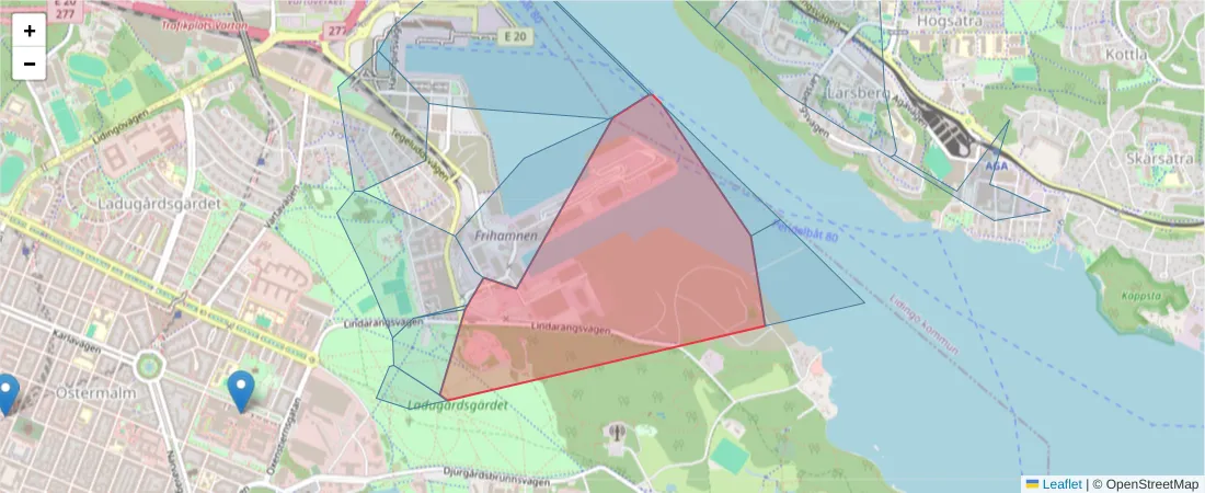 Karta över postnummerområdet  och angränsande postnummer i Sverige