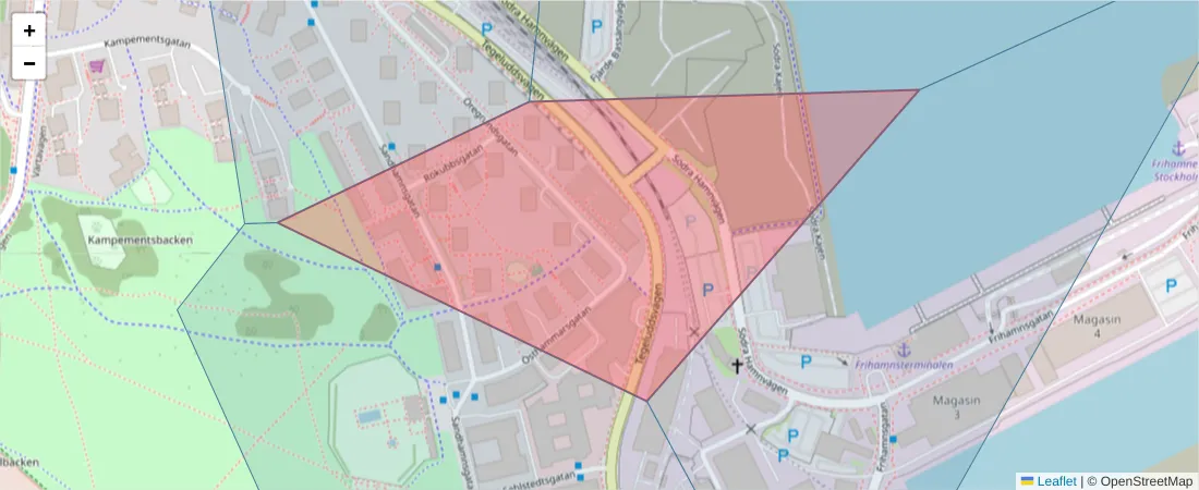 Karta över postnummerområdet  och angränsande postnummer i Sverige