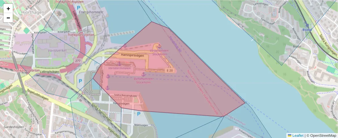 Karta över postnummerområdet  och angränsande postnummer i Sverige