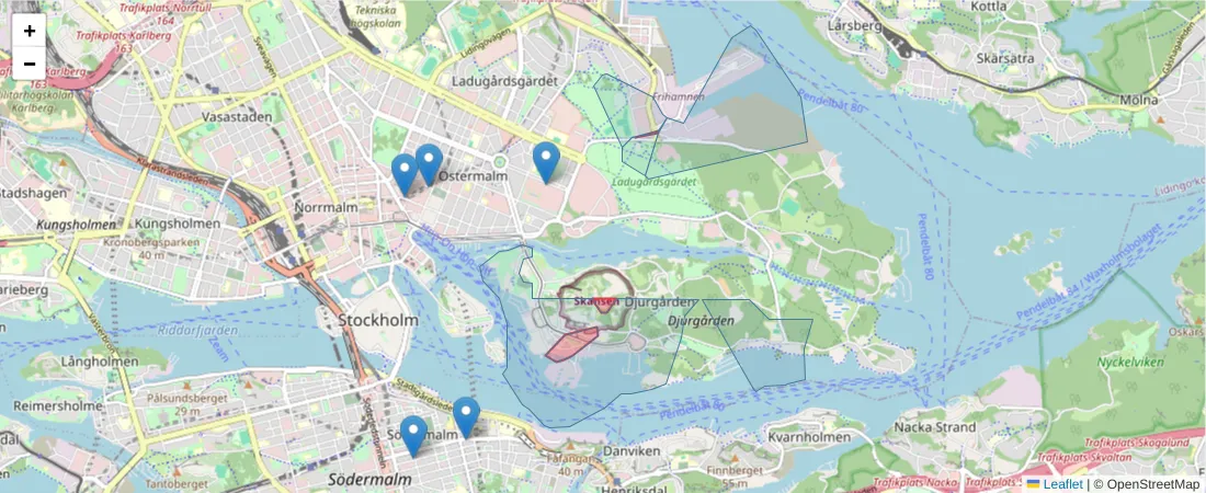 Karta över postnummerområdet  och angränsande postnummer i Sverige