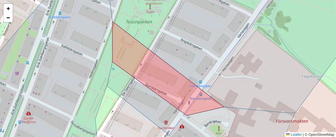 Karta över postnummerområdet  och angränsande postnummer i Sverige