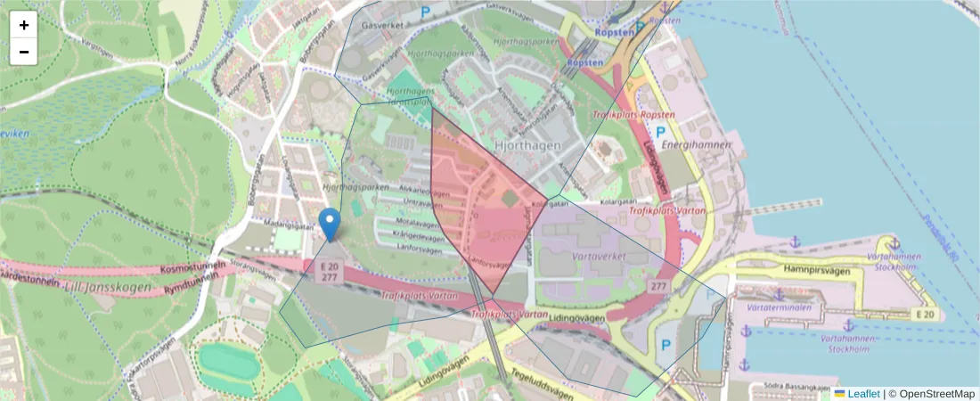 Karta över postnummerområdet  och angränsande postnummer i Sverige