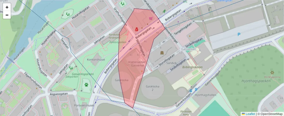 Karta över postnummerområdet  och angränsande postnummer i Sverige