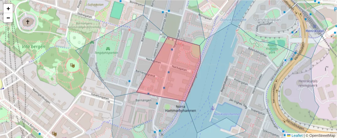 Karta över postnummerområdet  och angränsande postnummer i Sverige