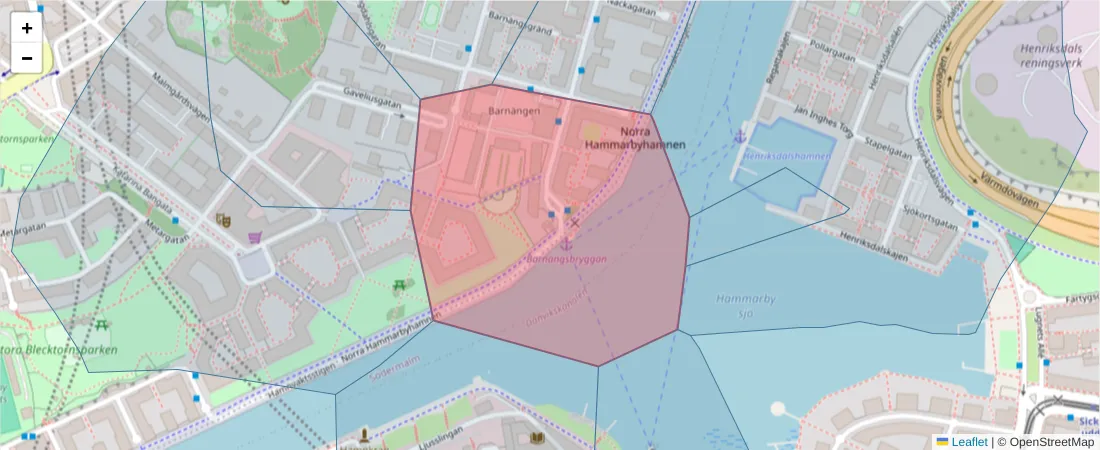 Karta över postnummerområdet  och angränsande postnummer i Sverige