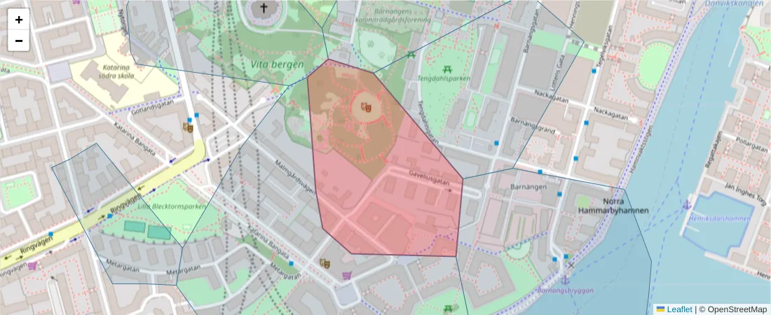 Karta över postnummerområdet  och angränsande postnummer i Sverige