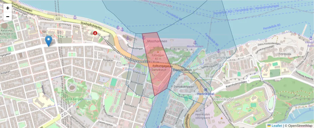 Karta över postnummerområdet  och angränsande postnummer i Sverige