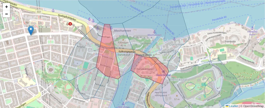 Karta över postnummerområdet  och angränsande postnummer i Sverige