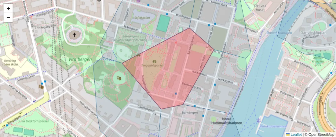 Karta över postnummerområdet  och angränsande postnummer i Sverige