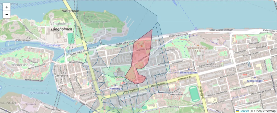 Karta över postnummerområdet  och angränsande postnummer i Sverige