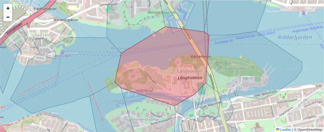 Karta över postnummerområdet  och angränsande postnummer i Sverige