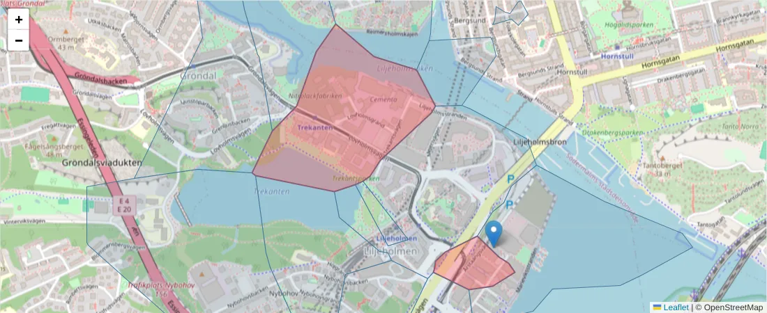 Karta över postnummerområdet  och angränsande postnummer i Sverige