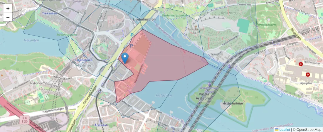 Karta över postnummerområdet  och angränsande postnummer i Sverige