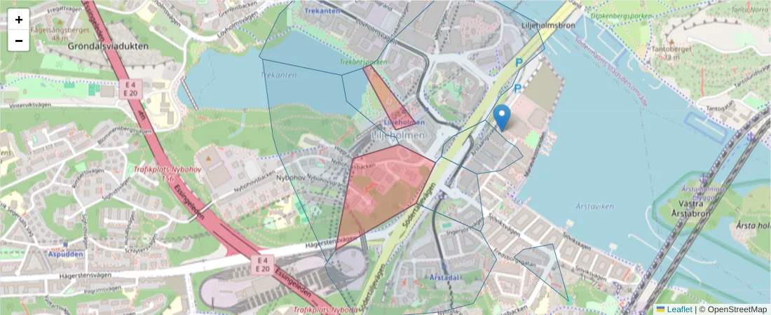 Karta över postnummerområdet  och angränsande postnummer i Sverige