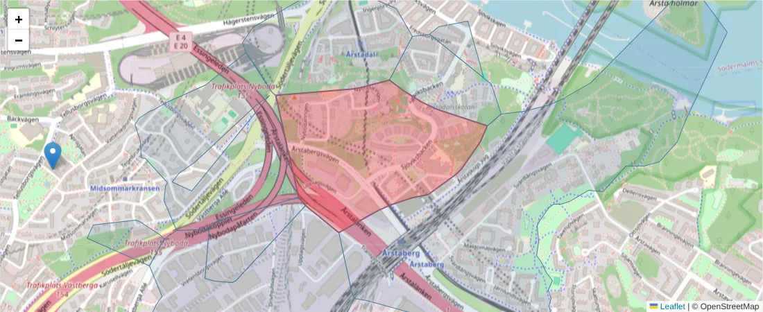 Karta över postnummerområdet  och angränsande postnummer i Sverige