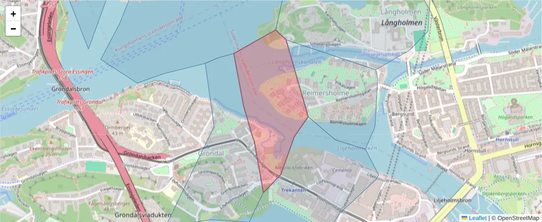 Karta över postnummerområdet  och angränsande postnummer i Sverige