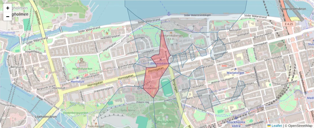 Karta över postnummerområdet  och angränsande postnummer i Sverige
