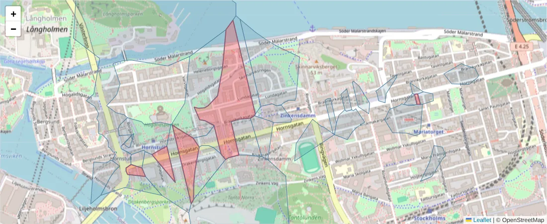 Karta över postnummerområdet  och angränsande postnummer i Sverige