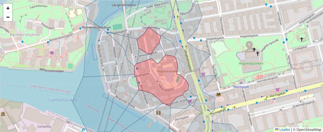 Karta över postnummerområdet  och angränsande postnummer i Sverige