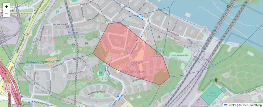 Karta över postnummerområdet  och angränsande postnummer i Sverige