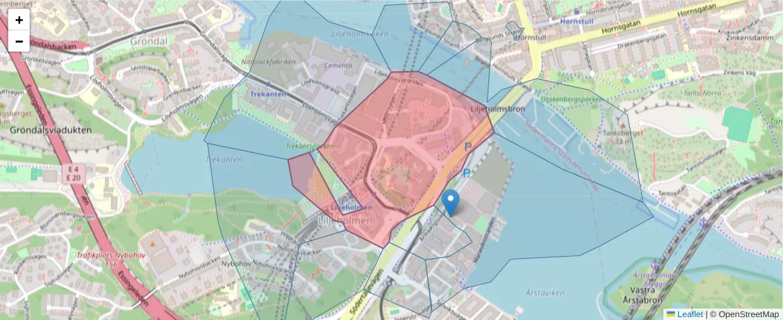 Karta över postnummerområdet  och angränsande postnummer i Sverige