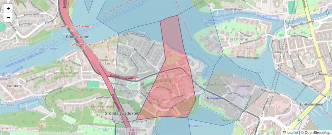 Karta över postnummerområdet  och angränsande postnummer i Sverige