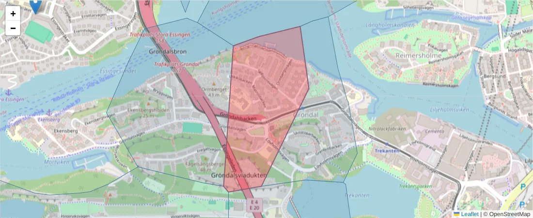 Karta över postnummerområdet  och angränsande postnummer i Sverige