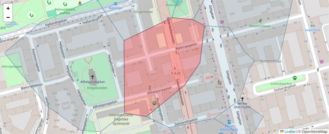 Karta över postnummerområdet  och angränsande postnummer i Sverige