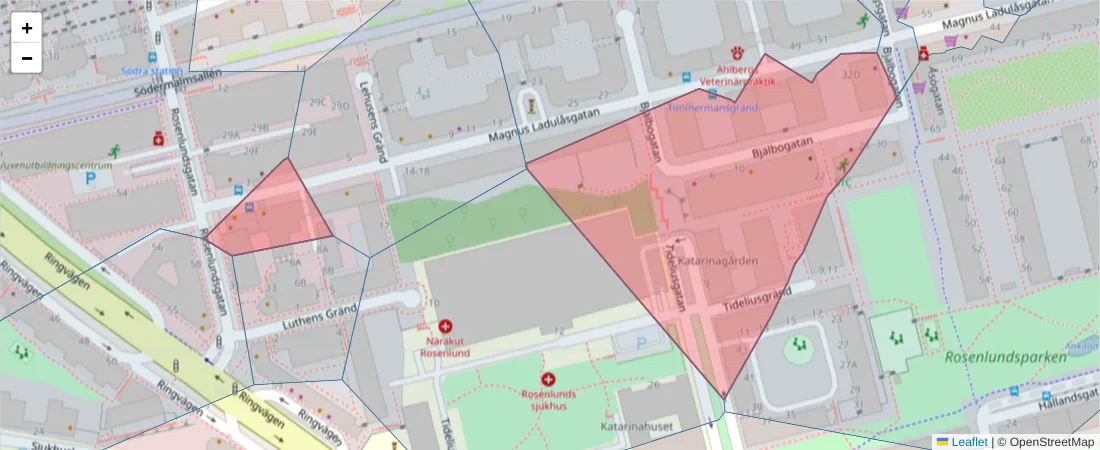 Karta över postnummerområdet  och angränsande postnummer i Sverige