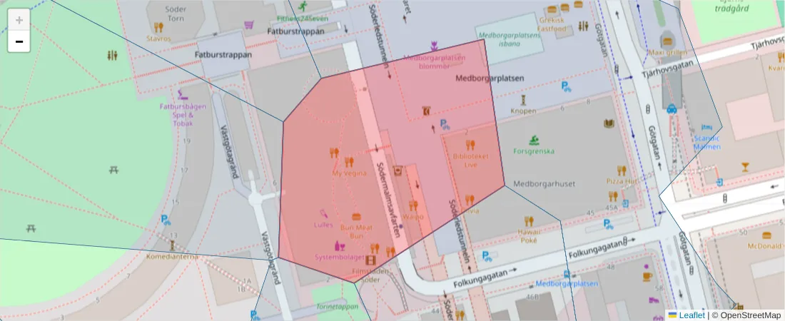Karta över postnummerområdet  och angränsande postnummer i Sverige