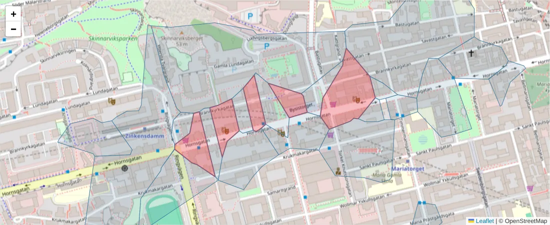 Karta över postnummerområdet  och angränsande postnummer i Sverige