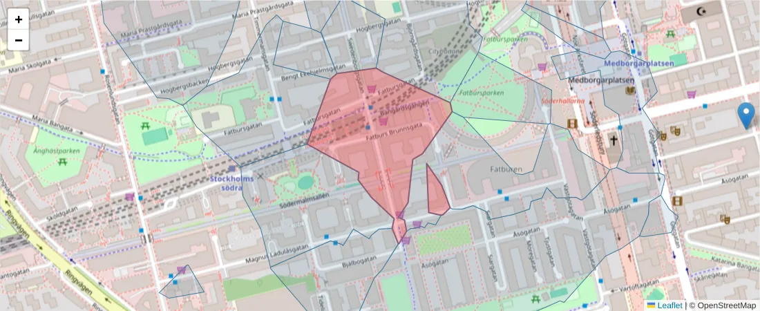 Karta över postnummerområdet  och angränsande postnummer i Sverige