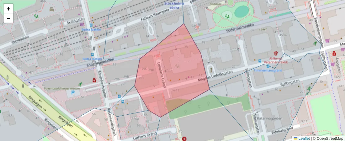 Karta över postnummerområdet  och angränsande postnummer i Sverige