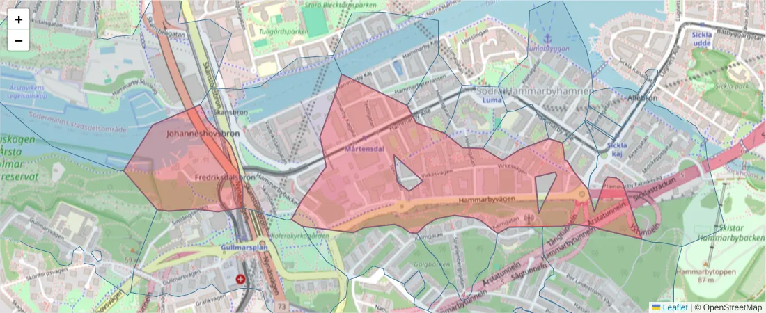 Karta över postnummerområdet  och angränsande postnummer i Sverige
