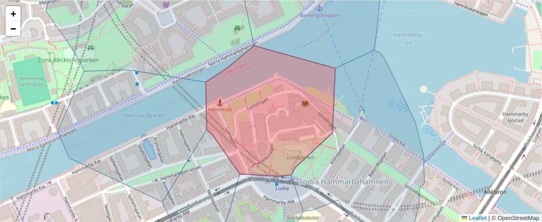 Karta över postnummerområdet  och angränsande postnummer i Sverige