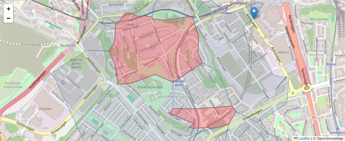 Karta över postnummerområdet  och angränsande postnummer i Sverige